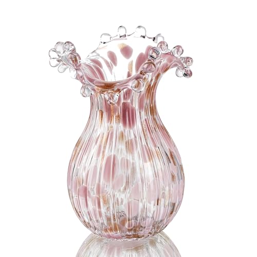 QFkris Handblown Glass Vase, Modern Art Flower Vase with Pink Petal Decorative for Home Decor, 8.5 inch Tall for Living Room Dining Tabletop Centerpiece Statement Office Decoration - color: Pink Bubble