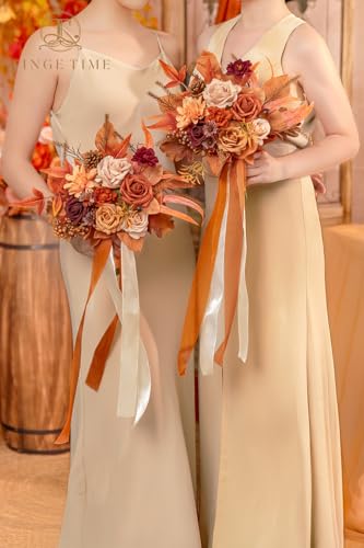 TINGE TIME 7 Inch Wedding Bouquets for Bridesmaid, Set of 4, Artificial Flowers Cascading Bridal Bouquet for Fall Wedding Ceremony Anniversary Bridal Shower and Rustic Vintage Wedding (Maple Red) - color: Maple Red