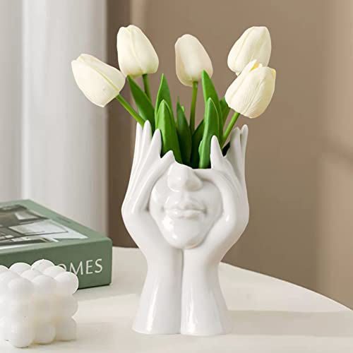 Ceramic Face Vase, White Flower Vases for Decor Female Form Head Half Body Vase Boho Unique Decorative Modern Style for Home Living Room Office Book Shelf (Medium) - color: C(medium)