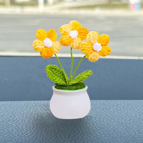 Cute Crochet Flowers for Mom,Handmade Knitted DIY Décor for Car Office Desk & Home Décor,Valentines Birthday Gifts for Women and Coworkers, Mother, Teacher, Graduation, Christmas(Yellow) - color: Yellow