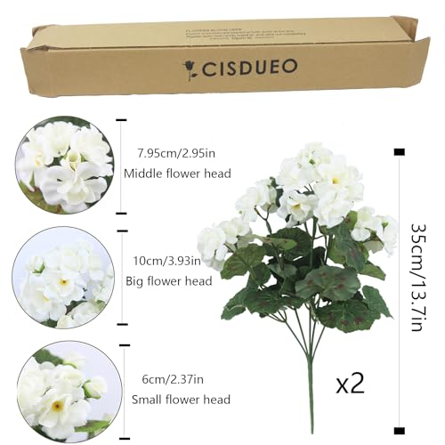 CISDUEO 2 Pcs Artificial Geraniums for Outdoor Silk Flowers White Artificial Geranium Bush Faux Flowers Geraniums for Floral Home Decor Indoor Garden Patio Grave Cemetary Vase Table Centerpiece - color: White