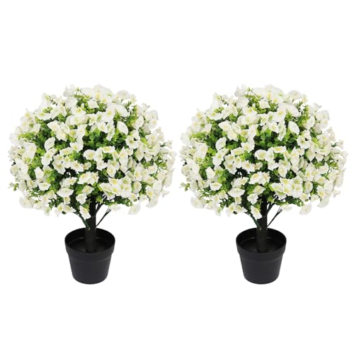 24" Artificial Potted Plants Outdoor Set of 2, UV Resistant Faux White Flowers with Eucalyptus, Decorative Plants in Pots for Front Porch, Patio & Entryway - color: White, size: 24in Morning Glory Eucalyptus