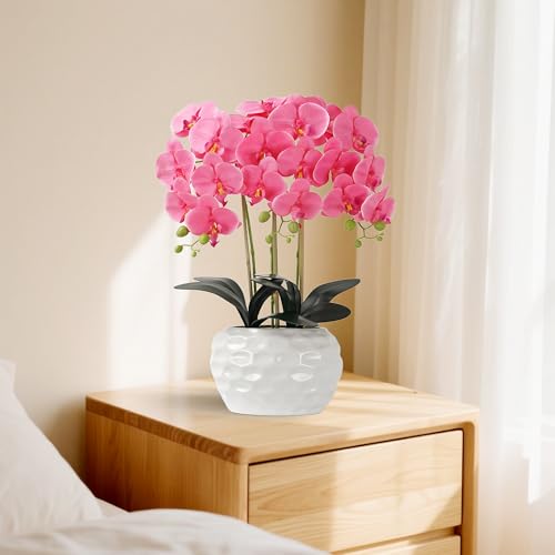 Orchid Artificial Flowers with White Vase Large Silk Faux Phalaenopsis Flowers for Dining Room Table Floral Centerpieces Indoor Decoration,Fuchsia - color: 1332-fuchsia