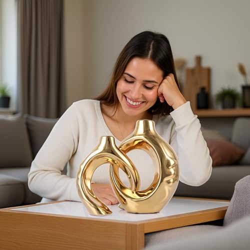LCCCK Gold Ceramic Vases for Home Decor, Boho Vase for Flowers Pampas Grass Decorative, Hollow Donut Small Vase for Living Room Table Wedding Centerpiece Modern Vases (Gold) - color: Gold