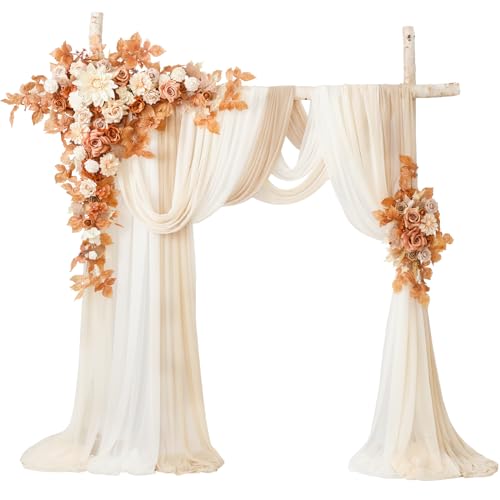 TINGE TIME Wedding Arch Flowers Kit - Deluxe 5pcs Artificial Floral Swag with 3 Sheer Drapes, Realistic Silk Flower Arrangements for Wedding Ceremony Arbor Backdrop Reception Party Home Decor - color: Burnt Orange & Champagne