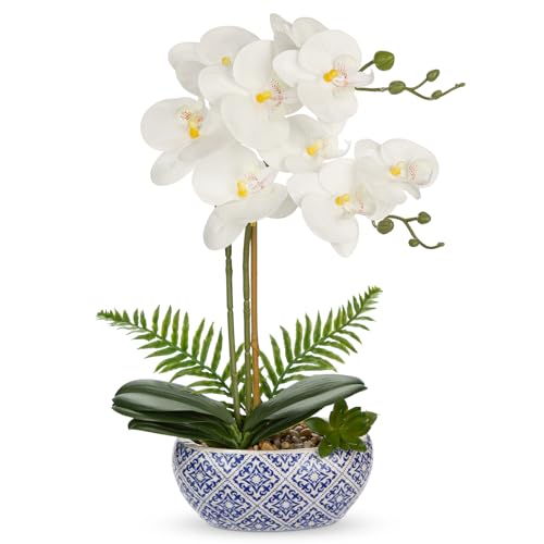 Oairse White Orchids Artificial Flowers in Pot 16.1" Faux Orchids Plant in Blue and White Pot Real Touch Fake Phalaenopsis Flower Arrangement Dinner Table Centerpiece for Dining Room Bathroom Decor