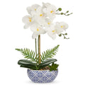 Oairse White Orchids Artificial Flowers in Pot 16.1" Faux Orchids Plant in Blue and White Pot Real Touch Fake Phalaenopsis Flower Arrangement Dinner Table Centerpiece for Dining Room Bathroom Decor