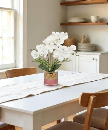 Oairse White Orchids Artificial Flowers with Vase Faux Orchids Plant in Pot | 17.7" Phalaenopsis Orchid Flower Arrangements White Centerpiece for Kitchen Dining Room Table Bathroom Shelf Desk Decor - color: White Orchid & Pink Sand