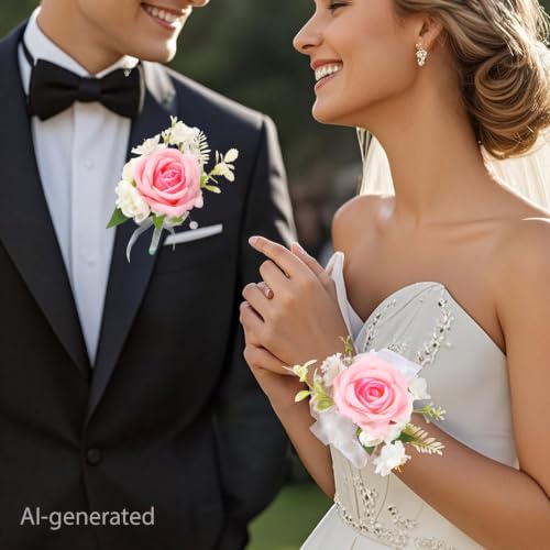 Wrist Corsage and Boutonniere Set, Artificial Rose Corsage Wristlet and Boutonniere for Wedding Prom Party (Pink 1 Boutonniere&1 Wrist Corsage) - color: Pink 1 Boutonniere&1 Wrist Corsage