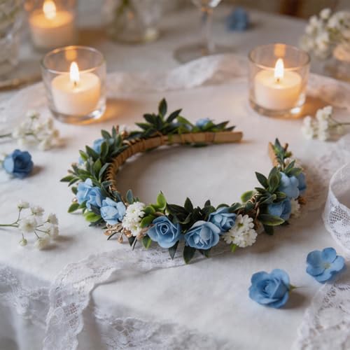 Blue Flower Crown Headband, Artificial Fairy Rose Floral Headpiece, Bridal Boho Flower Headbands for Women Maternity Birthday Wedding Renaissance Festival Party Hair Accessories - color: Blue