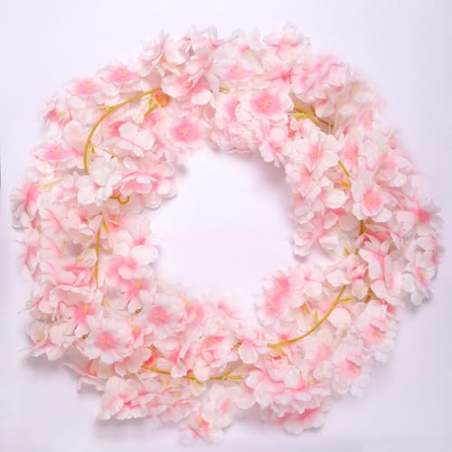 4pcs 23.6 ft Artificial Cherry Blossoms Garland Pink Fake Vines Hanging Silk Cherry Blossom Sakura Vine for Outdoor Wedding Party Home Decor