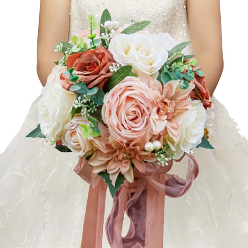 CYANLUX Wedding Bouquets for Bride Bridesmaid Bouquet Champagne White Artificial Roses Flowers for Wedding Valentine's Day Church Home Decoration… (Pink) - color: Pink