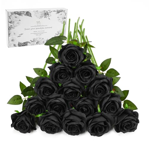 Black Fake Roses Artificial Flowers - 16 Pcs Fake Artificial Roses Silk Flowers with Stems for Home Wedding Hotel Office Centerpiece Decor - color: Black, size: 16 Pcs
