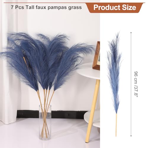 PATIKIL 37.8in Tall Pampas Grass Decor, 7pcs Large Artificial Pampas Grass Bulk Long Fluffy Faux Pampas Grass Dried for Home Boho Decor Vase Wedding Wall Ground, Blue - color: Blue