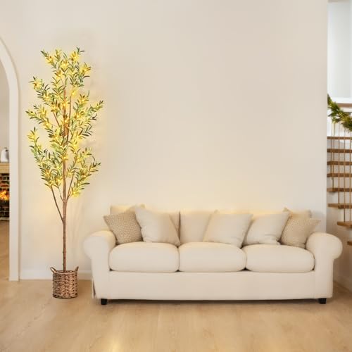 6ft Artificial Olive Tree with LED Fairy Lights, Tall Faux Potted Plant with Woven Basket - Natural Wooden Trunk & Lifelike Leaves & Fruits for Indoor Home Office Foyer Decor Housewarming Gift - size: 5ft 11in