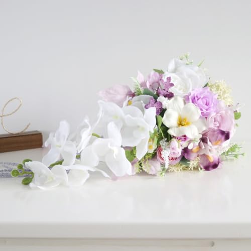 11 Inch Cascading Bridal Bouquet Waterfall Cascade Wedding Bouquet Bride with Artificial Silk Rose Flower Rustic Boho Wedding Ceremony Bouquet Lavender White - color: Lavender & White