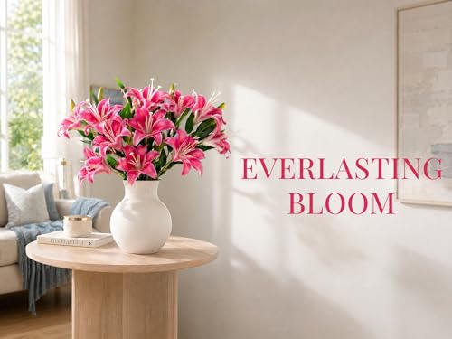 ATFL Artificial Lilies Flowers,9 Pcs Faux Lily Flowers,16''Tiger Lily Branches with 2 Full Blooms and 1 Bud,Faux Fake Lilies Plants for Wedding Bouquet Floral Arrangements (9, hot Pink) - color: Hot Pink