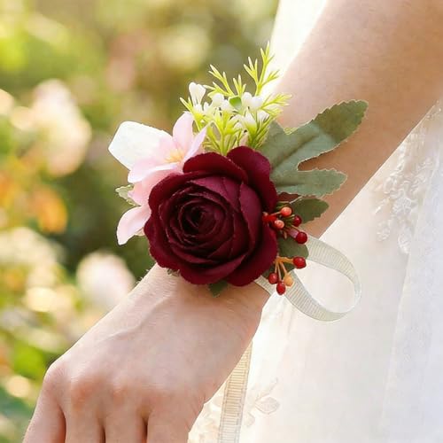 Wedding Corsage Wristlet Red Rose Wrist Corsage for Women (Red) - color: Red
