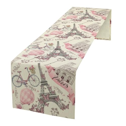 Pink Paris Eiffel Tower Table Runner, Eiffel Tower Dinner Runner for Farmhouse Kitchen Dining Table Holiday Party Decoration 13 x 36 Inch - color: Eiffel Tower_2, size: 13x36inch