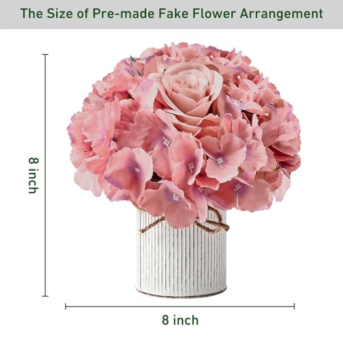 Flower Table Centerpieces - Set of 6 Floral Arrangement Artificial Wedding Hydrangeas Floral Arrangement with Rustic Metal Vase for Bridal Tea Party Event Decorations - Deep Pink - color: Deep Pink