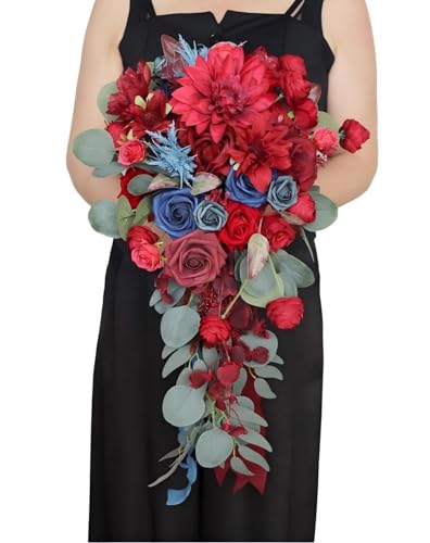 12.6 Inch Cascade Wedding Bouquet for Bride with Artificial Rose Dahlia Flower Cascading Bridal Bride Bouquet Wedding Ceremony Anniversary Bridal Shower Burgundy and Navy Blue - color: Burgundy & Blue