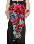 12.6 Inch Cascade Wedding Bouquet for Bride with Artificial Rose Dahlia Flower Cascading Bridal Bride Bouquet Wedding Ceremony Anniversary Bridal Shower Burgundy and Navy Blue - color: Burgundy & Blue