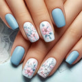Flower Press on Nails Short Square Fake Nails Blue False Nails with Pink Floral Designs Glossy Full Cover Stick on Nails Glue on Nails Flower Nails Acrylic Nails for Women Girls 24 Pcs - color: Flower Square22