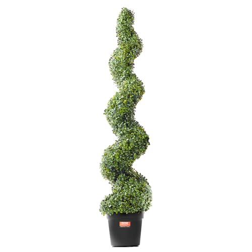 VEVOR Artificial Boxwood Topiary Tree, 60 inch Tall (2 Pieces), Spiral Faux Topiary Trees, Faux Plant w/Extra Leaves & Pot & Small Decoration, UV Rated Greenery Set for Home Decor Indoor/Outdoor - size: 5ft