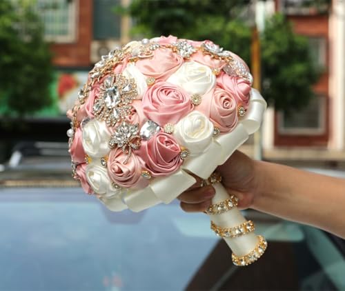 Blush Pink and Ivory Bridal Wedding Bouquet with Gold Brooch Bling Rhinestone Bouquet for Bride Bridesmaid Quinceanera Satin Dusty Rose Flower Bouquet Wedding Blush Pink and Ivory 8.7in - color: Blush, Pink & Ivory (Standard Size: Dia.8.7")