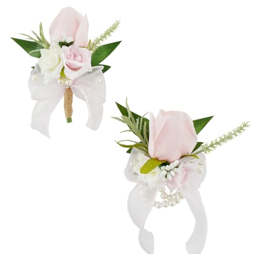 Pink Corsage and Boutonniere Set for Wedding Prom, Artificial Rose Flower Homecoming Corsage Wristlet, Boutonniere for Men Wedding Suit Decor - color: Pink