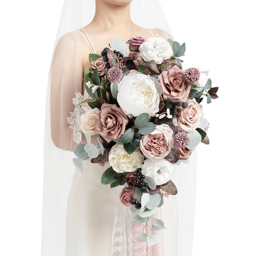 Ling's moment Pink Wedding Bouquets for Bride, Dusty Rose and Mauve Bridal Bouquets for Bride, 15 Inch Free Form Artificial Wedding Flowers Bouquets - color: Pk-dusty Rose and Mauve, size: Medium 15 Inch