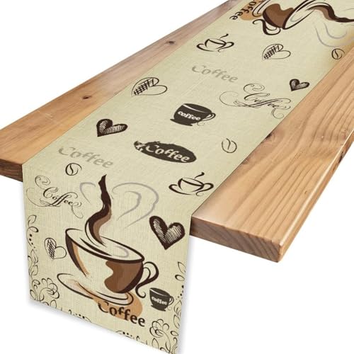 Coffee Theme Table Runner, Farmhouse Brown Coffee Time Cafe Cup Tea Bean Drinks Rustic Vintage Table Center Decor for Family Outdoor Holiday Party Table Decorations, 13"x36" - color: Coffee-2, size: 13“ X 36"