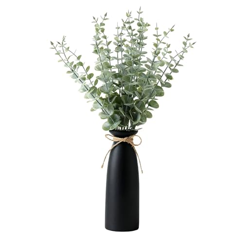 Vase with Greenery, 20pcs Artificial Eucalyptus Stems in Black Vase, Fake Plant Home Decor, 19" Decorative Faux Plants for Home Farmhouse Mantle Centerpiece Decor - color: Black