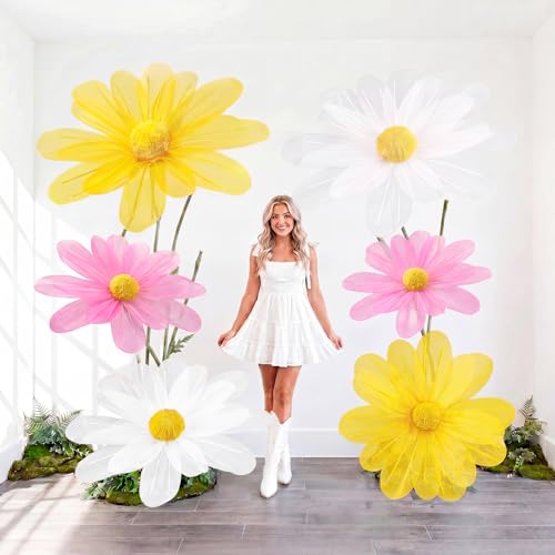 6 Pcs Colorful Large Daisy Flowers for Decoration 12'' 15.8'' 20'' Giant Silk Artificial Flower Fake Daisy for Wedding Garden Birthday Party Bridal Baby Shower Decor, Rod is Not Included - color: White, Yellow, Pink