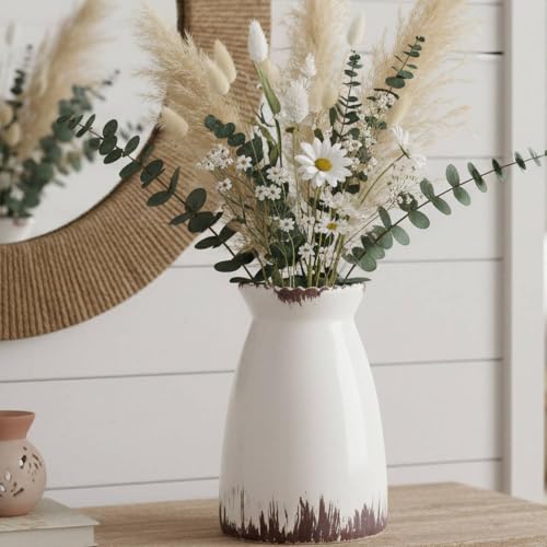 hjn Ceramic Vase Modern Minimalist Table Centerpiece, Round Smooth Flower Holder for Living Room, Shelf, Mantel, Wedding & Home Decor -Cream-7" H - color: White Antique-7inch