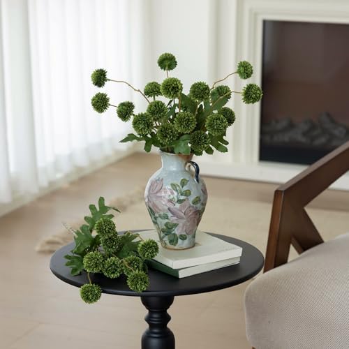 mizii 6Pcs Green Fake Silk Pompon Mum Artificial Flowers Bulk Small Faux Chrysanthemums with Stems Realistic Floral Decorations for Wedding DIY Bouquet Centerpieces Shower Vase Home Decor (Green) - color: Green