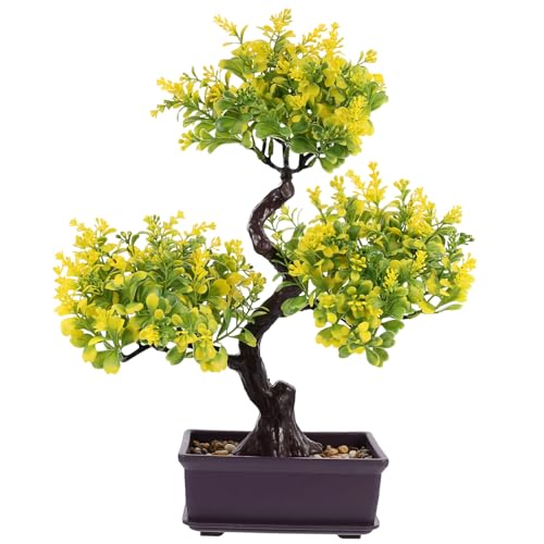 Cabilock Artificial Bonsai Tree Faux Potted Plant Simulation for Home Office Desk Decor Low Maintenance Greenery 14.17X12.59X3.93 Inches - color: Yellow