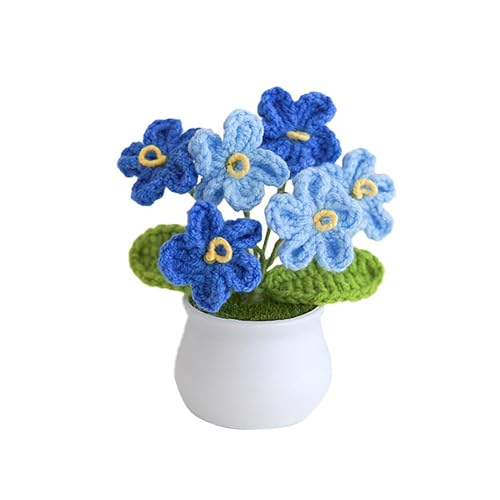 Blync Knitting Crochet Flowers Potted Plants, Fake Forget Me Not Flowers for Friends, Family and Lover, Artificial Handmade Flowers for Valentines Birthday Wedding Gift and Home Decor (Gblue) - color: Gblue