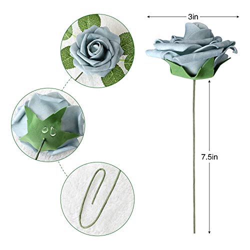AmyHomie Artificial Flower Dusty Blue Shades Rose 25pcs Real Looking Fake Roses w/Stem for DIY Wedding Bouquets Centerpieces Arrangements Party Baby Shower Valentines Day Christmas Tree Decorations - color: Dusty Blue Shades