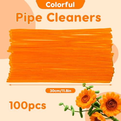 Taowave 100 Pcs Solid Color Pipe Cleaners, 12 Inch 6mm Single Color Chenille Stems, Fuzzy Flexible Craft Pipe Cleaners, Bulk Art DIY Supplies, Flower Making, Holiday Decor & Handmade Projects(Orange) - color: Orange