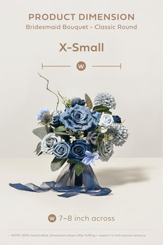 Ling's moment Artificial Bridesmaid Bouquets Set of 4,Navy Blue Wedding Flower Bouquets Dusty Blue Rose Floral Bouquet Bridal Bouquets with Ribbon,Ceremony,Anniversary,7-inch Diameter - color: Blu-navy Blue & Dusty Blue
