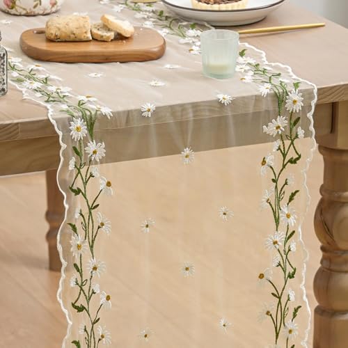 Artoid Mode Daisy Floral Beige Apricot Shaped Gauze Embroidery Table Runner 120 Inch 10FT, Tulle Spring Summer Kitchen Dining Table Decor for Home Party - color: Beige Apricot