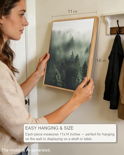 PHOPAGO Green Fog Pine Tree Framed Wall Art Nature Misty Nordic Forests Artwork Morden Paints for Kitchen Hallway Decor - 11x14in Natural Framed - color: Green Pine Forest, size: 14L" x 11W" x 3 Pcs Natural