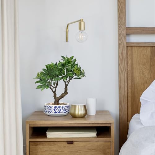 Artificial Bonsai Tree, Small Bay Laurel Bonsai Tree 13" Indoor Bonsai Tree | Fake Potted Plant Decorative Fake Desk Plant Decor with Blue & White Ceramic Pot for Home Office Living Room Table Shelf - color: Green Bay&blue and White Pot