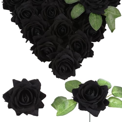 Fake Black Roses Artificial Flowers 16pcs Velvet Artificial Roses Black Flowers 3.15" Silk Roses for Bridal Bouquet Wedding Flowers for Floral Centerpieces Home Party Decor - color: 3.15" Black