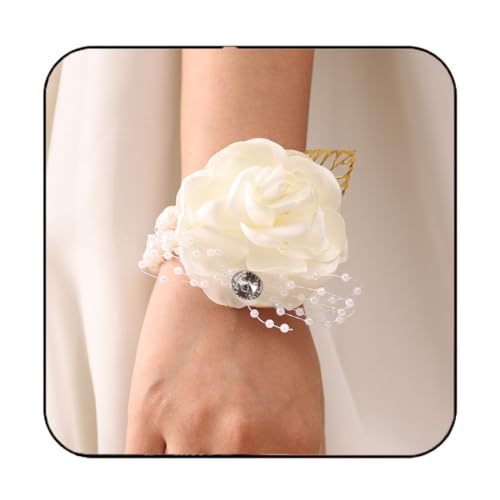 Wedding Bride Rose Wrist Corsage White Bridesmaids Silk Wrist Flower Flowergirl Hand Floral Decor Bridal Prom Party Accessories for Women and Girls (White) - color: White