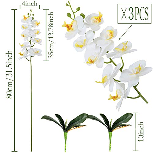 FagusHome 31" Artificial Silk Phalaenopsis Flowers 3 Pcs with 2 Bundles Leaves Artificial Orchid Flowers Stem Plants in Fake Butterfly Phalaenopsis Flowers for Home Wedding Party Décor (White)