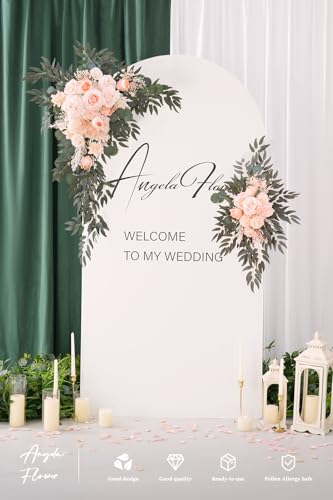 Deluxe Wedding Arch Flowers with Drapes Kit Pack of 4, 2pcs Babypink Sage Hanging Silk Flowers Arrangement 2pcs Chiffon Drapes for Ceremony Arbor Party Outdoor Decor - color: Babypink & Champagne
