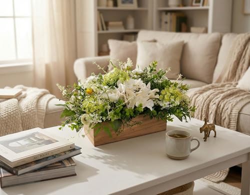 Spring Summer Centerpiece for Table, 18" L Lifelike Artificial Flowers in Rustic Whitewashed Rectangular Wood Box, Lush Spring Faux Floral Arrangement Farmhouse Mantel Shelf Kitchen Island Decor