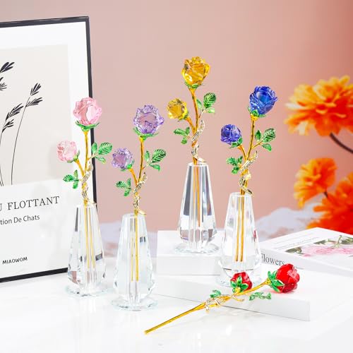 Arikyrist Pink Rose Flower Crystal Figurine with Vase, Handmade Bouquet Glass Flowers Ornament Rose Gifts for Women Mom Wife, Crystal Flower Home Decor for Valentine Mother's Day Wedding - color: Pink 1